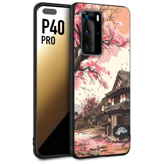 CUSTOMIZZA - Custodia cover nera morbida in tpu compatibile per Huawei P40 PRO casa giapponese rosa ciliegio in fiore disegnata tattoo