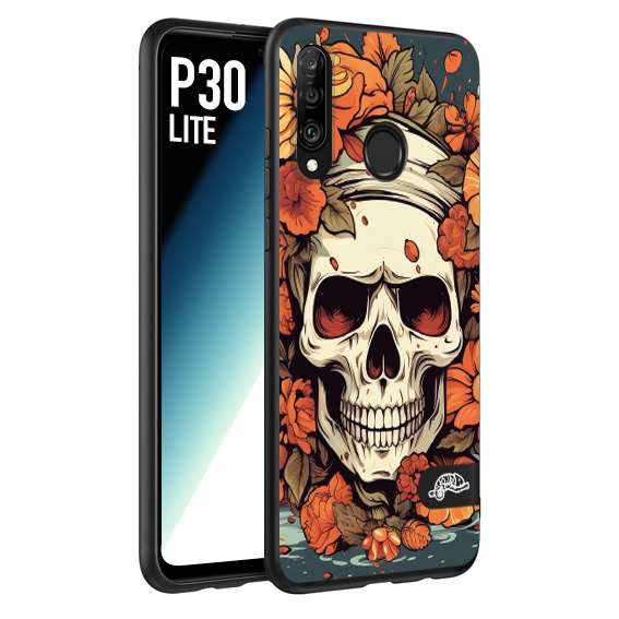 CUSTOMIZZA - Custodia cover nera morbida in tpu compatibile per Huawei P30 LITE teschio skull flowers fiori tattoo disegnato alta definizione