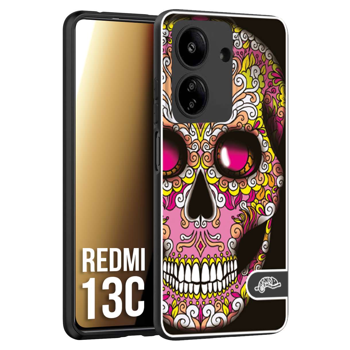 CUSTOMIZZA - Custodia cover nera morbida in tpu compatibile per Xiaomi Redmi 13C teschio messicano Mexican skull rosa gialla