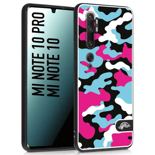 CUSTOMIZZA - Custodia cover nera morbida in tpu compatibile per Xiaomi Mi Note 10 - Mi Note 10 Pro camouflage mimetico militare fucsia celeste