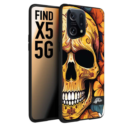 CUSTOMIZZA - Custodia cover nera morbida in tpu compatibile per Oppo Find X5 teschio messicano colorato dorato fiori autunnali disegnato