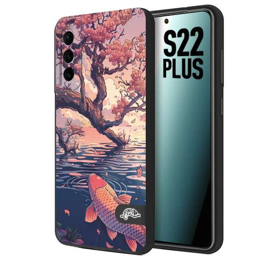 CUSTOMIZZA - Custodia cover nera morbida in tpu compatibile per Samsung S22 PLUS giapponese lago carpa koi rosa con foglie d'acero disegnata tattoo