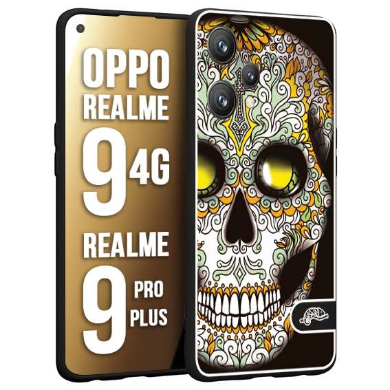 CUSTOMIZZA - Custodia cover nera morbida in tpu compatibile per Oppo Realme 9 4G - 9 PRO PLUS teschio messicano Mexican skull bianco verde giallo
