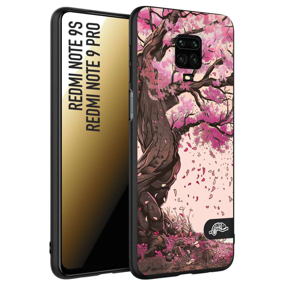 CUSTOMIZZA - Custodia cover nera morbida in tpu compatibile per Xiaomi Redmi Note 9S - Note 9 PRO giapponese colori morbidi fiori di ciliegio rosa disegnata