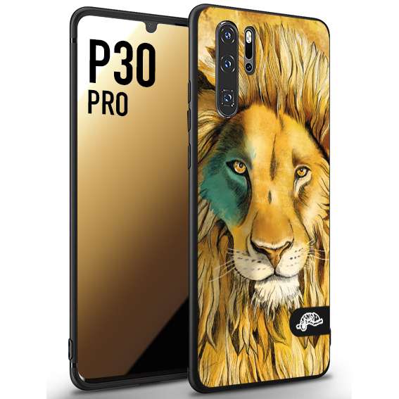 CUSTOMIZZA - Custodia cover nera morbida in tpu compatibile per Huawei P30 PRO leone lion disegnato a mano giallo blu a rilievo artistico brown