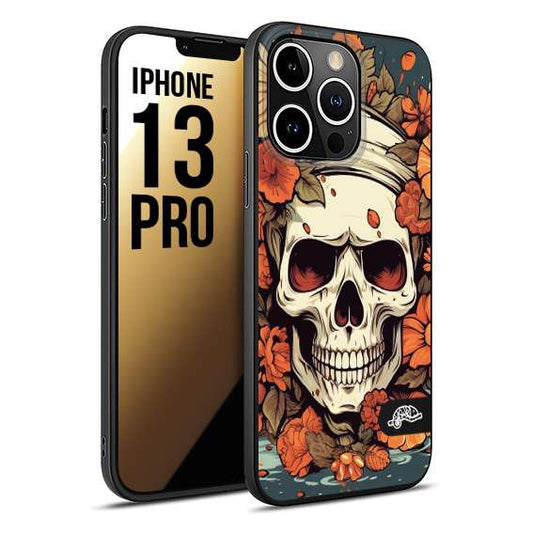 CUSTOMIZZA - Custodia cover nera morbida in tpu compatibile per iPhone 13 PRO teschio skull flowers fiori tattoo disegnato alta definizione