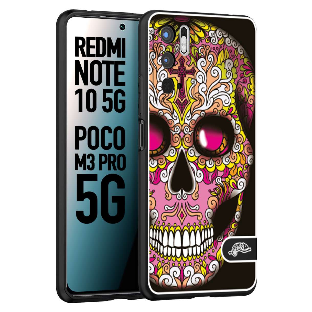 CUSTOMIZZA - Custodia cover nera morbida in tpu compatibile per Xiaomi Redmi Note 10 5G - Poco M3 Pro 5G teschio messicano Mexican skull rosa gialla