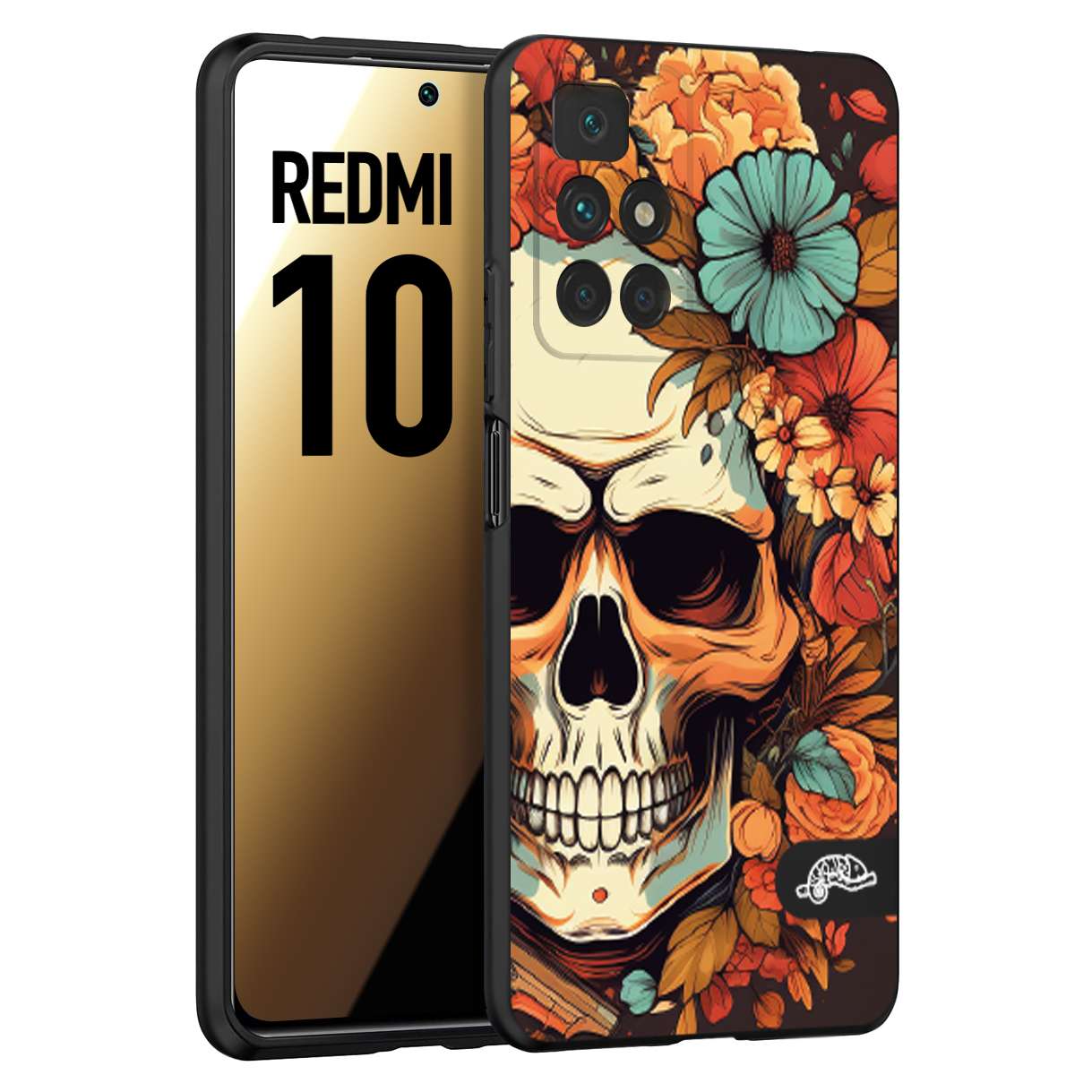 CUSTOMIZZA - Custodia cover nera morbida in tpu compatibile per Xiaomi Redmi 10 teschio skull flowers fiori autunnali arancio celeste tattoo