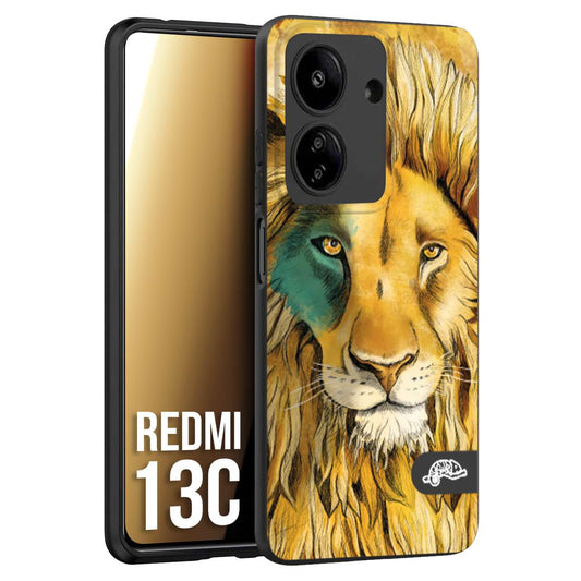 CUSTOMIZZA - Custodia cover nera morbida in tpu compatibile per Xiaomi Redmi 13C leone lion disegnato a mano giallo blu a rilievo artistico brown