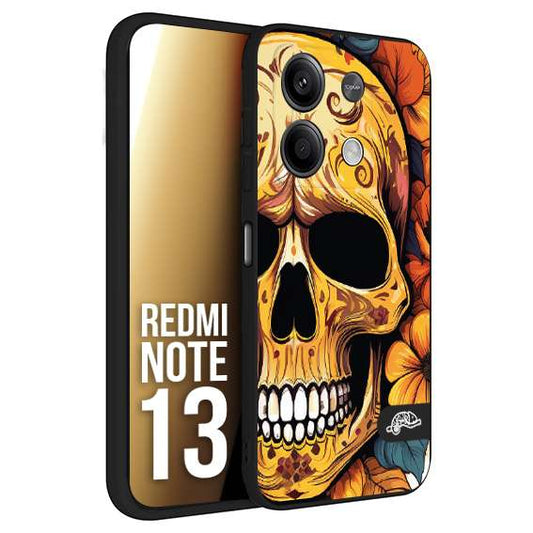 CUSTOMIZZA - Custodia cover nera morbida in tpu compatibile per Xiaomi Redmi Note 13 teschio messicano colorato dorato fiori autunnali disegnato