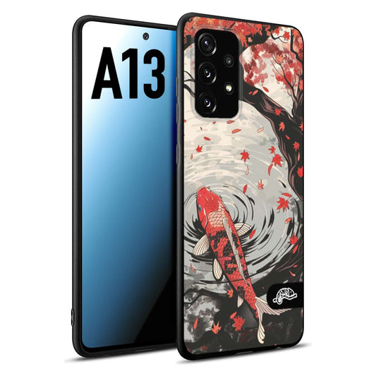 CUSTOMIZZA - Custodia cover nera morbida in tpu compatibile per Samsung A13 giapponese lago carpa koi rossa con foglie d'acero rosso disegnata tattoo