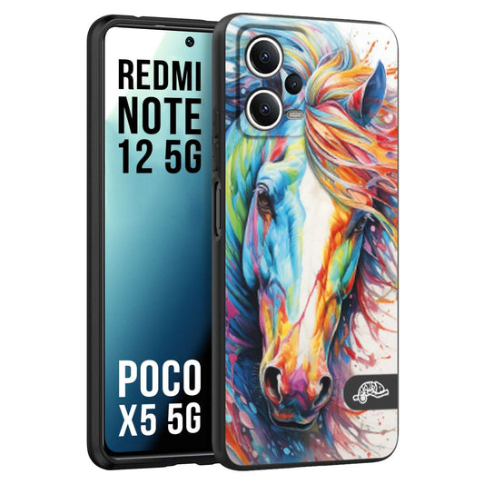 CUSTOMIZZA - Custodia cover nera morbida in tpu compatibile per Xiaomi Redmi Note 12 - POCO X5 5G animali color cavallo horse viso colori vibranti disegnato schizzo