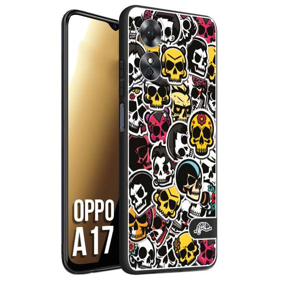 CUSTOMIZZA - Custodia cover nera morbida in tpu compatibile per Oppo A17 sticker bomb teschi colorati adesivi skulls skater snowboard