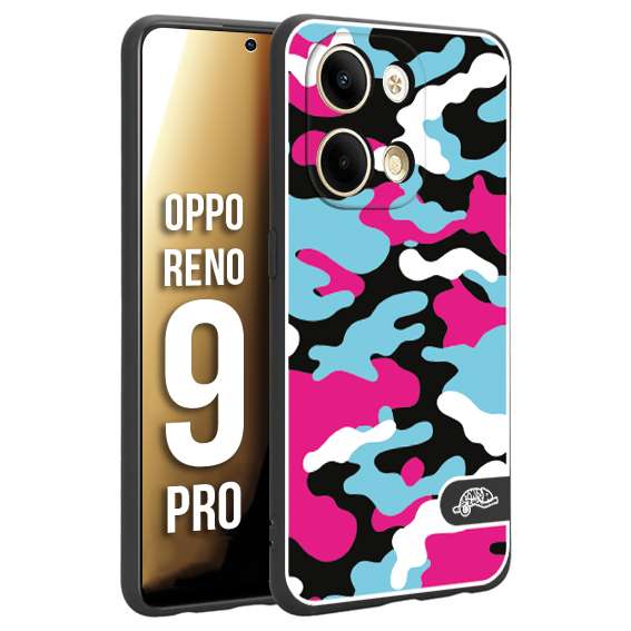 CUSTOMIZZA - Custodia cover nera morbida in tpu compatibile per Oppo Reno 9 PRO camouflage mimetico militare fucsia celeste