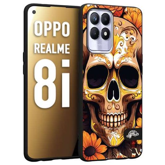 CUSTOMIZZA - Custodia cover nera morbida in tpu compatibile per Oppo Realme 8i teschio messicano colorato dorato fiori tattoo disegnato