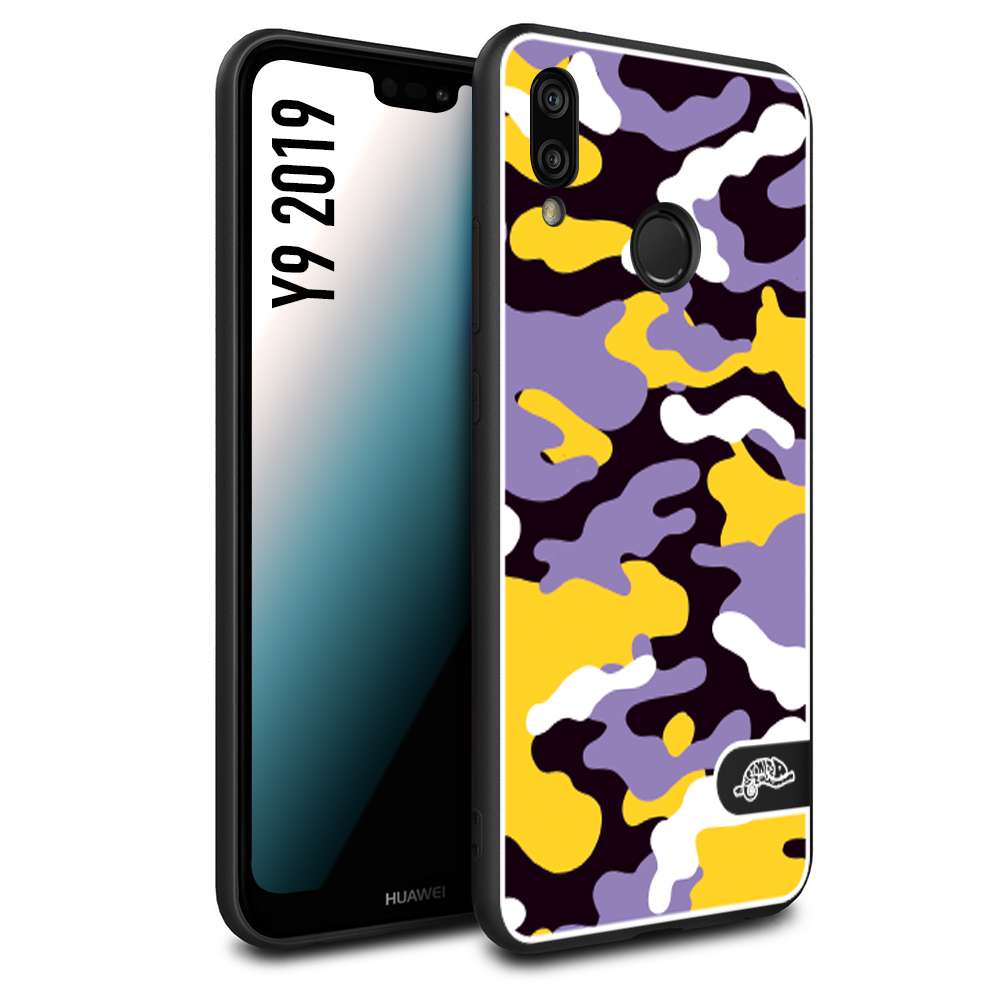 CUSTOMIZZA - Custodia cover nera morbida in tpu compatibile per Huawei Y9 2019 camouflage mimetico militare viola lilla giallo