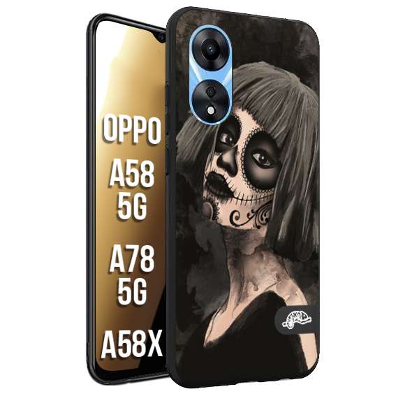 CUSTOMIZZA - Custodia cover nera morbida in tpu compatibile per Oppo A58 5G - A78 5G - A58X chicana messicana dea de la muerte donna santa tattoo disegnata