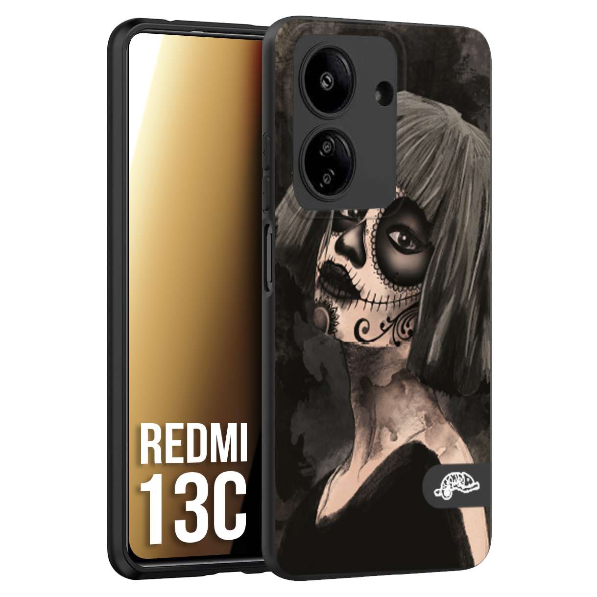 CUSTOMIZZA - Custodia cover nera morbida in tpu compatibile per Xiaomi Redmi 13C chicana messicana dea de la muerte donna santa tattoo disegnata