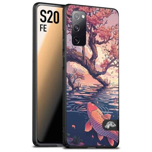 CUSTOMIZZA - Custodia cover nera morbida in tpu compatibile per Samsung S20 FE giapponese lago carpa koi rosa con foglie d'acero disegnata tattoo