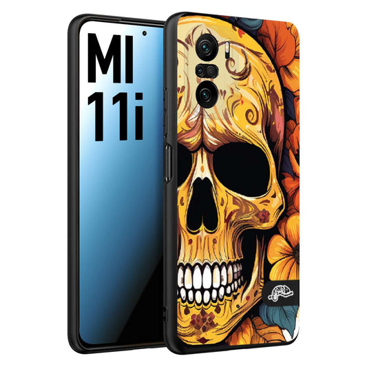 CUSTOMIZZA - Custodia cover nera morbida in tpu compatibile per Xiaomi Mi 11i teschio messicano colorato dorato fiori autunnali disegnato