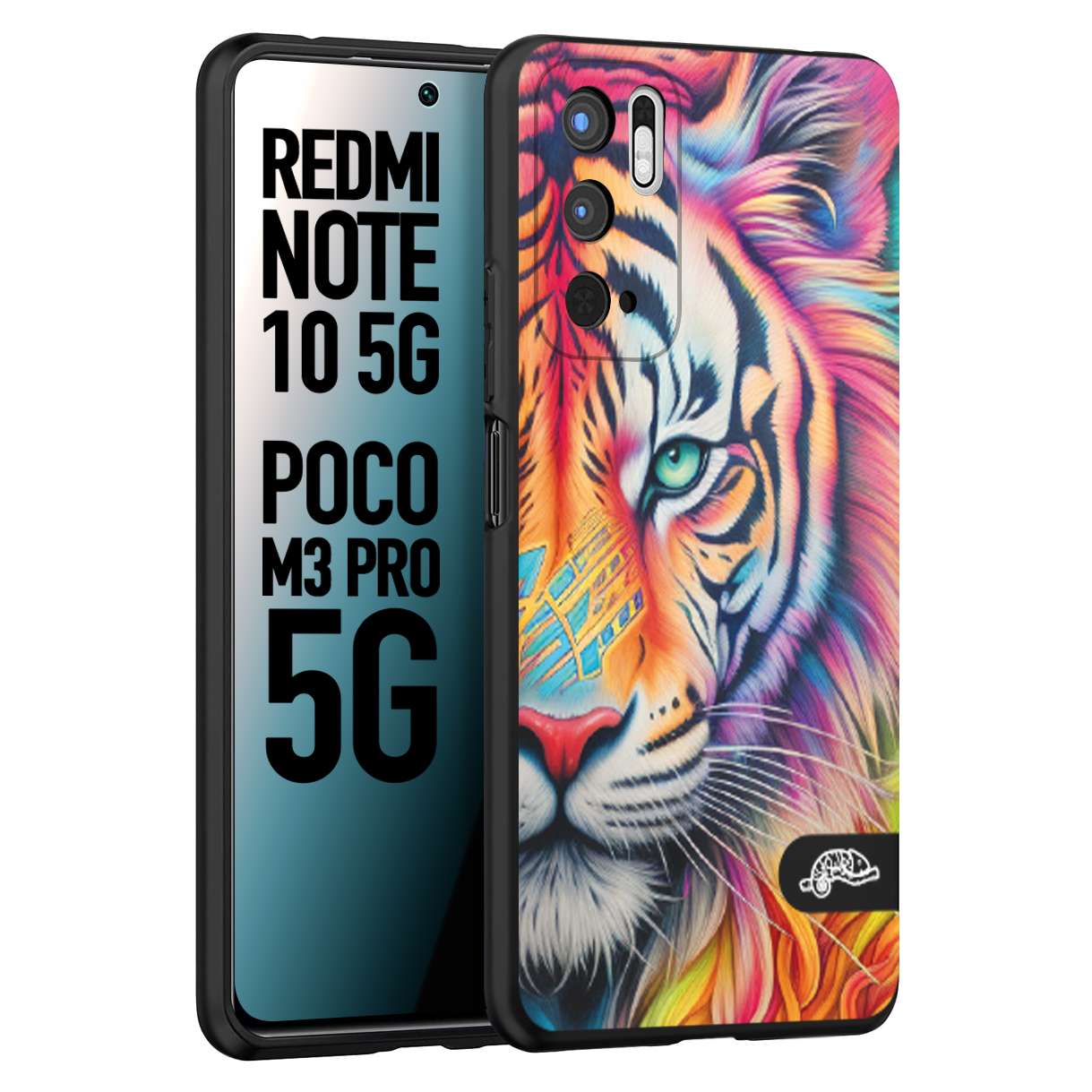 CUSTOMIZZA - Custodia cover nera morbida in tpu compatibile per Xiaomi Redmi Note 10 5G - Poco M3 Pro 5G animali color tigre tiger viso colori vibranti disegnato schizzo