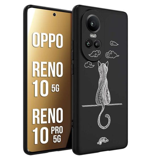 CUSTOMIZZA - Custodia cover nera morbida in tpu compatibile per Oppo Reno 10 5G - 10 PRO 5G gatto mandala stilizzato gattino a rilievo soft touch donna bianca