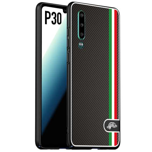 CUSTOMIZZA - Custodia cover nera morbida in tpu compatibile per Huawei P30 effetto fibra di carbonio bandiera Italia made in Italy