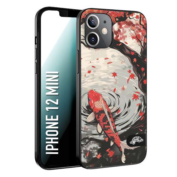 CUSTOMIZZA - Custodia cover nera morbida in tpu compatibile per iPhone 12 MINI giapponese lago carpa koi rossa con foglie d'acero rosso disegnata tattoo