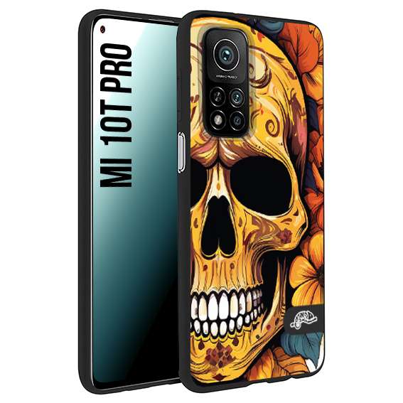 CUSTOMIZZA - Custodia cover nera morbida in tpu compatibile per Xiaomi Mi 10T PRO teschio messicano colorato dorato fiori autunnali disegnato