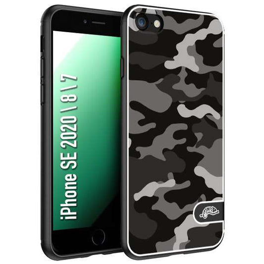 CUSTOMIZZA - Custodia cover nera morbida in tpu compatibile per iPhone 7 - 8 - SE 2020 / 2022 camouflage mimetico militare nero black grigio