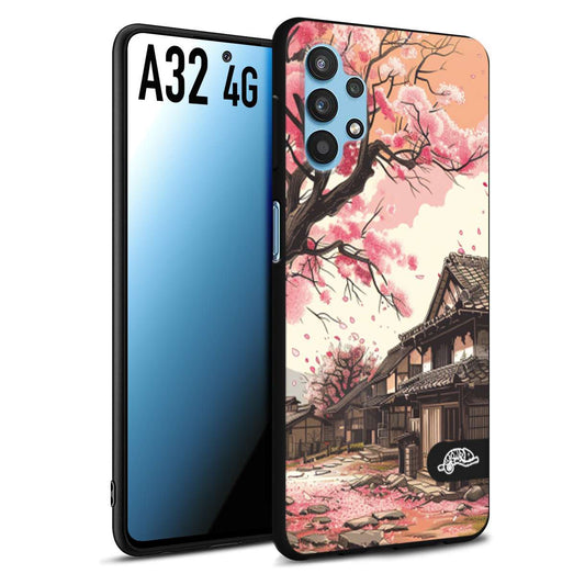 CUSTOMIZZA - Custodia cover nera morbida in tpu compatibile per Samsung A32 4G casa giapponese rosa ciliegio in fiore disegnata tattoo