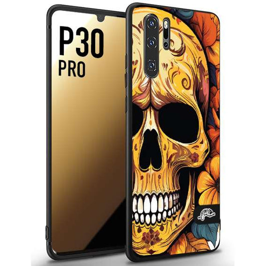 CUSTOMIZZA - Custodia cover nera morbida in tpu compatibile per Huawei P30 PRO teschio messicano colorato dorato fiori autunnali disegnato