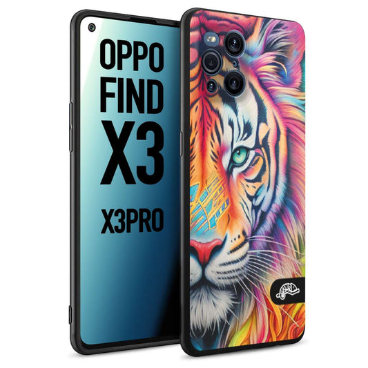 CUSTOMIZZA - Custodia cover nera morbida in tpu compatibile per Oppo Find X3 - Find X3 Pro 5G animali color tigre tiger viso colori vibranti disegnato schizzo