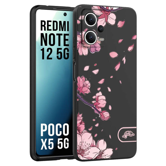 CUSTOMIZZA - Custodia cover nera morbida in tpu compatibile per Xiaomi Redmi Note 12 - POCO X5 5G giapponese fiori di ciliegio in fiore a rilievo disegnata tattoo