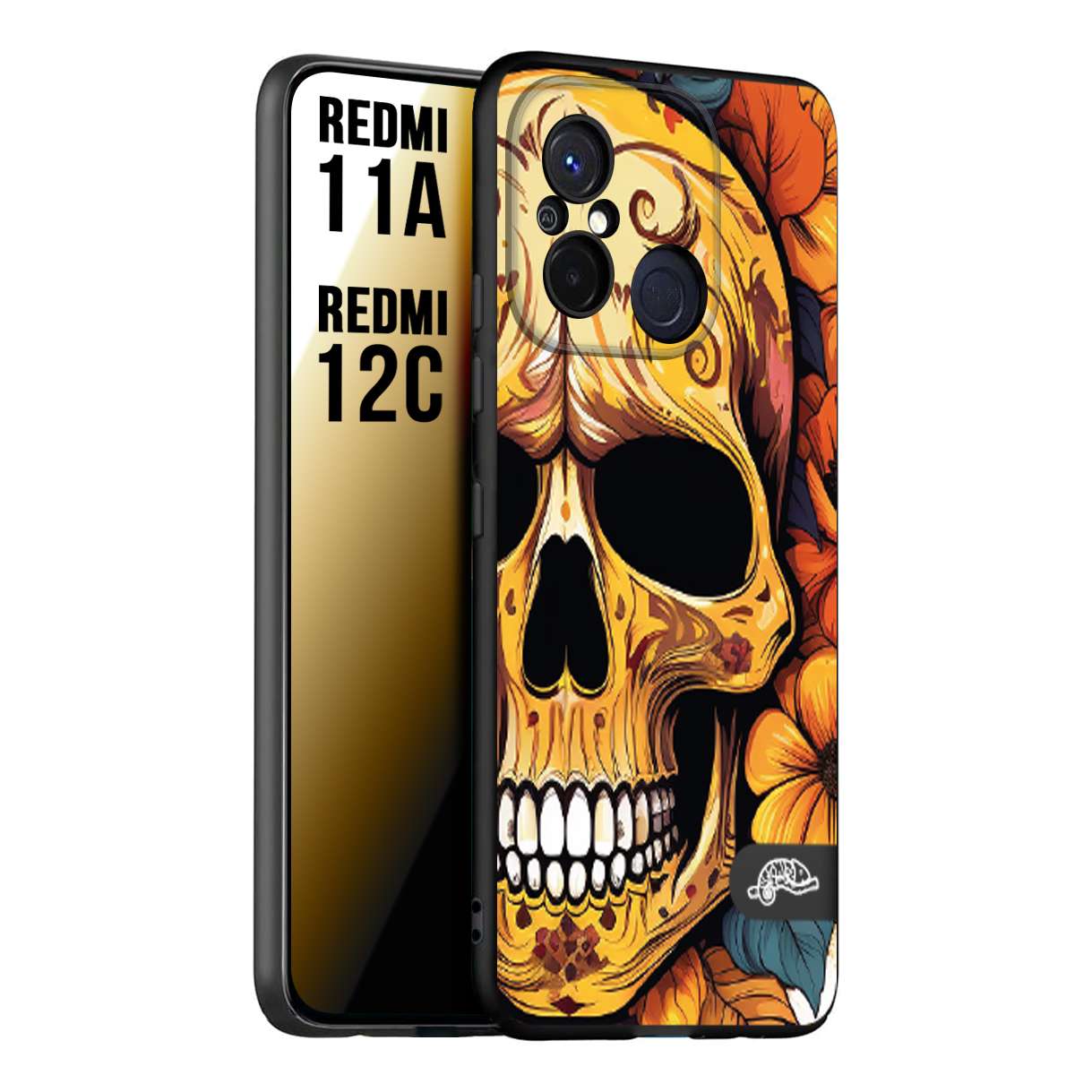 CUSTOMIZZA - Custodia cover nera morbida in tpu compatibile per Xiaomi Redmi 11A - 12C teschio messicano colorato dorato fiori autunnali disegnato