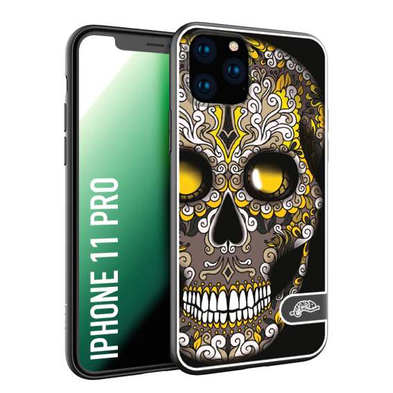 CUSTOMIZZA - Custodia cover nera morbida in tpu compatibile per iPhone 11 PRO teschio messicano Mexican skull nero giallo