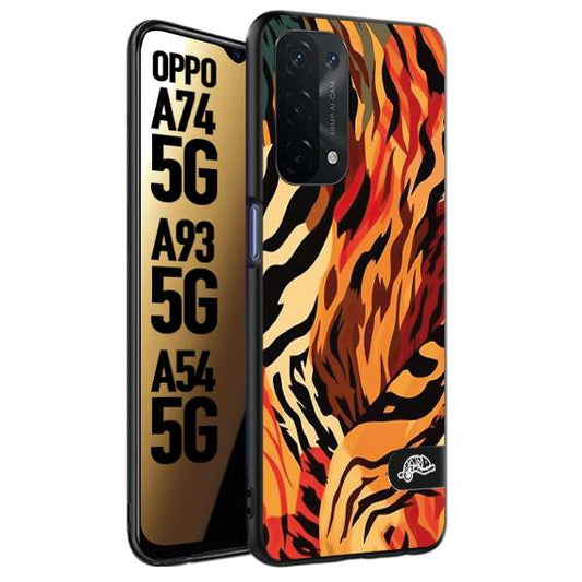 CUSTOMIZZA - Custodia cover nera morbida in tpu compatibile per Oppo A74 5G - A93 5G - A54 5G leopardato maculato tigrato tiger colorata gialla rossa arancio