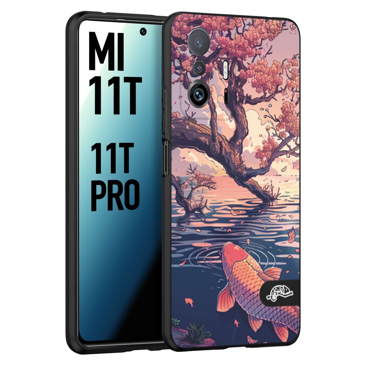 CUSTOMIZZA - Custodia cover nera morbida in tpu compatibile per Xiaomi Mi 11T - Mi 11T PRO giapponese lago carpa koi rosa con foglie d'acero disegnata tattoo