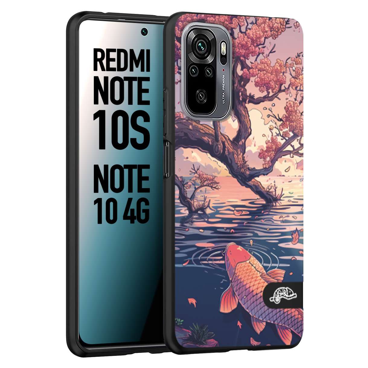 CUSTOMIZZA - Custodia cover nera morbida in tpu compatibile per Xiaomi Redmi Note 10S giapponese lago carpa koi rosa con foglie d'acero disegnata tattoo