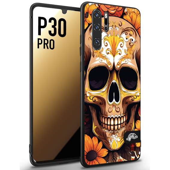 CUSTOMIZZA - Custodia cover nera morbida in tpu compatibile per Huawei P30 PRO teschio messicano colorato dorato fiori tattoo disegnato