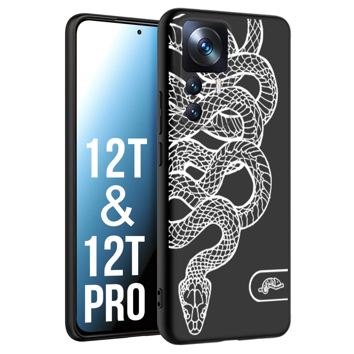 CUSTOMIZZA - Custodia cover nera morbida in tpu compatibile per Xiaomi 12T - 12T PRO serpente snake bianco a rilievo disegnato tattoo tatuaggio