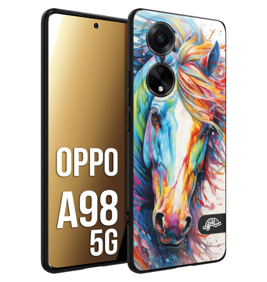 CUSTOMIZZA - Custodia cover nera morbida in tpu compatibile per Oppo A98 5G animali color cavallo horse viso colori vibranti disegnato schizzo