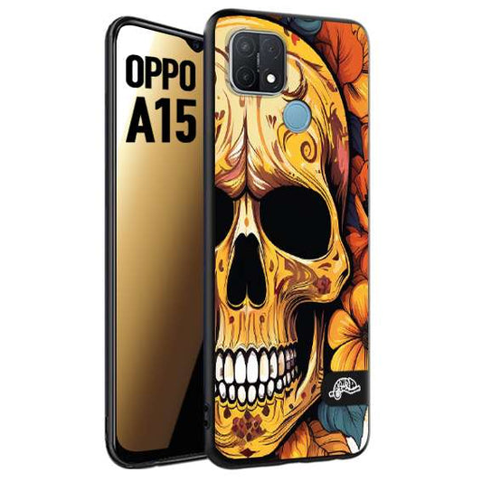 CUSTOMIZZA - Custodia cover nera morbida in tpu compatibile per Oppo A15 teschio messicano colorato dorato fiori autunnali disegnato