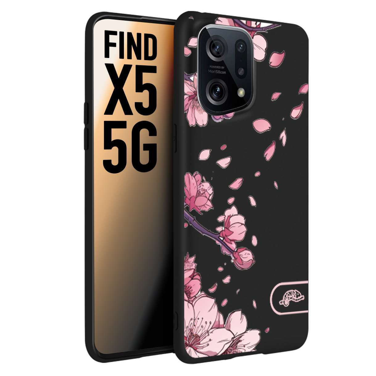 CUSTOMIZZA - Custodia cover nera morbida in tpu compatibile per Oppo Find X5 giapponese fiori di ciliegio in fiore a rilievo disegnata tattoo