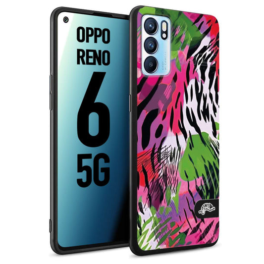 CUSTOMIZZA - Custodia cover nera morbida in tpu compatibile per Oppo Reno 6 5G leopardato tigrato tiger colorata summer color verde fucsia