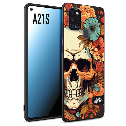 CUSTOMIZZA - Custodia cover nera morbida in tpu compatibile per Samsung A21S teschio skull flowers fiori autunnali arancio celeste tattoo