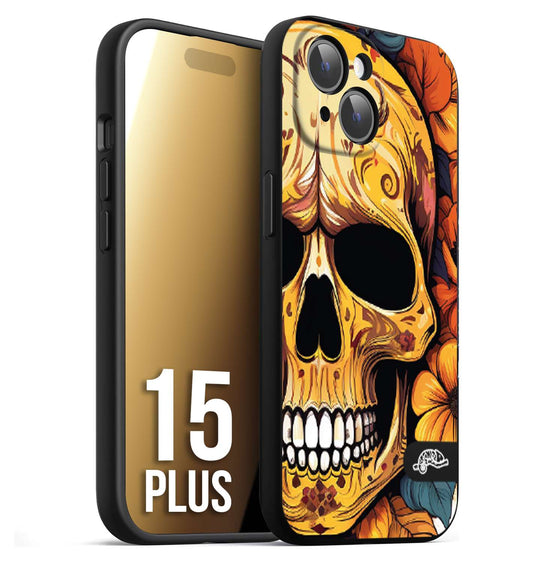 CUSTOMIZZA - Custodia cover nera morbida in tpu compatibile per iPhone 15 PLUS teschio messicano colorato dorato fiori autunnali disegnato