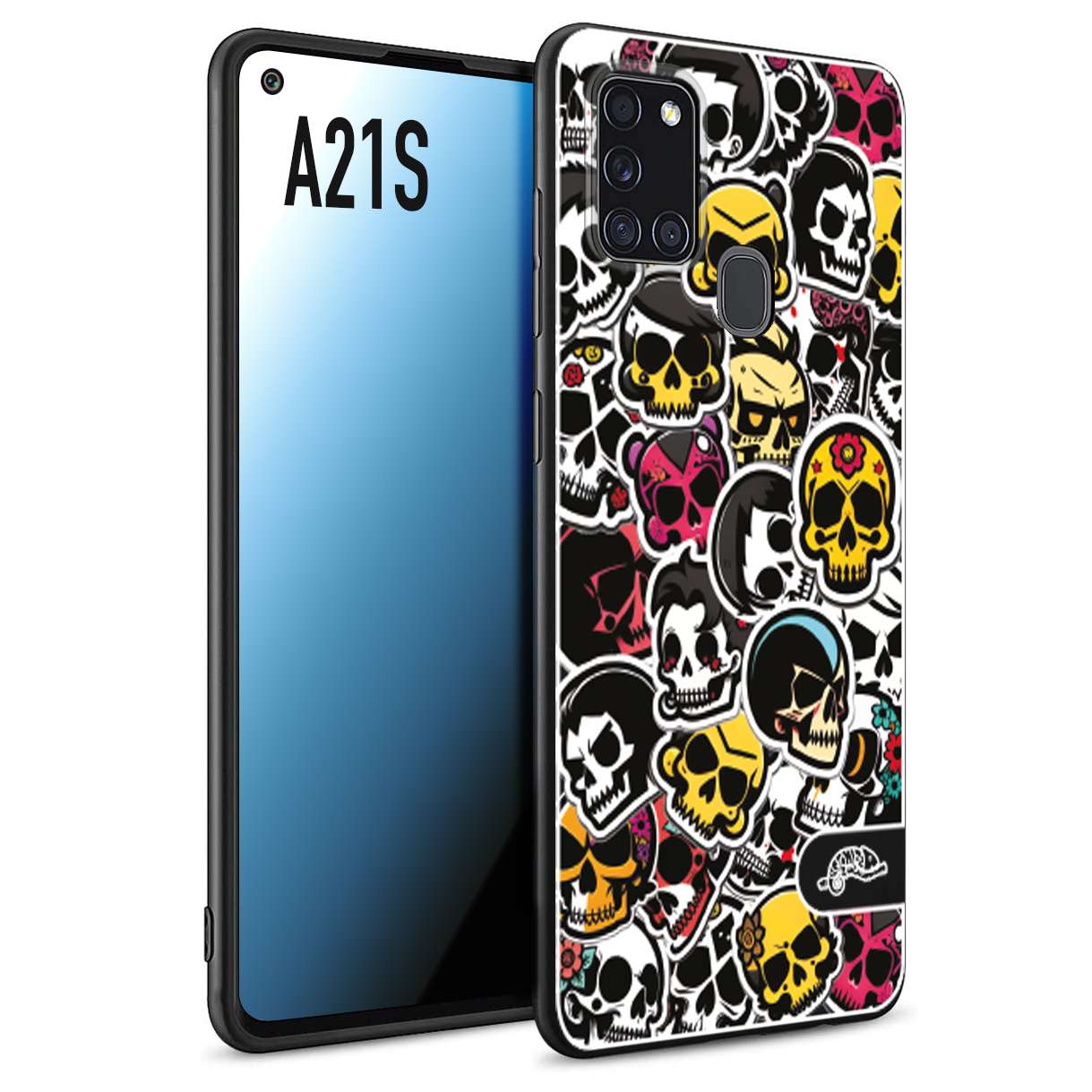 CUSTOMIZZA - Custodia cover nera morbida in tpu compatibile per Samsung A21S sticker bomb teschi colorati adesivi skulls skater snowboard