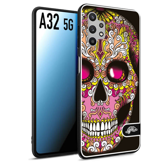 CUSTOMIZZA - Custodia cover nera morbida in tpu compatibile per Samsung A32 5G teschio messicano Mexican skull rosa gialla