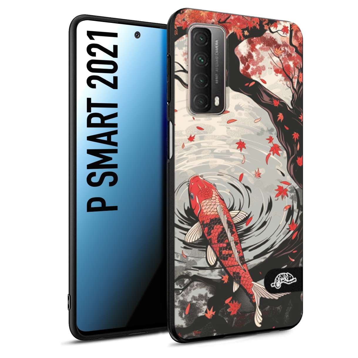 CUSTOMIZZA - Custodia cover nera morbida in tpu compatibile per Huawei P Smart 2021 giapponese lago carpa koi rossa con foglie d'acero rosso disegnata tattoo